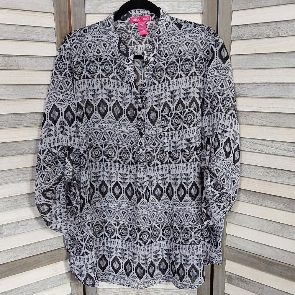 Aztec Tribal Print Sheer Blouse | Mix & Co. | 2X
